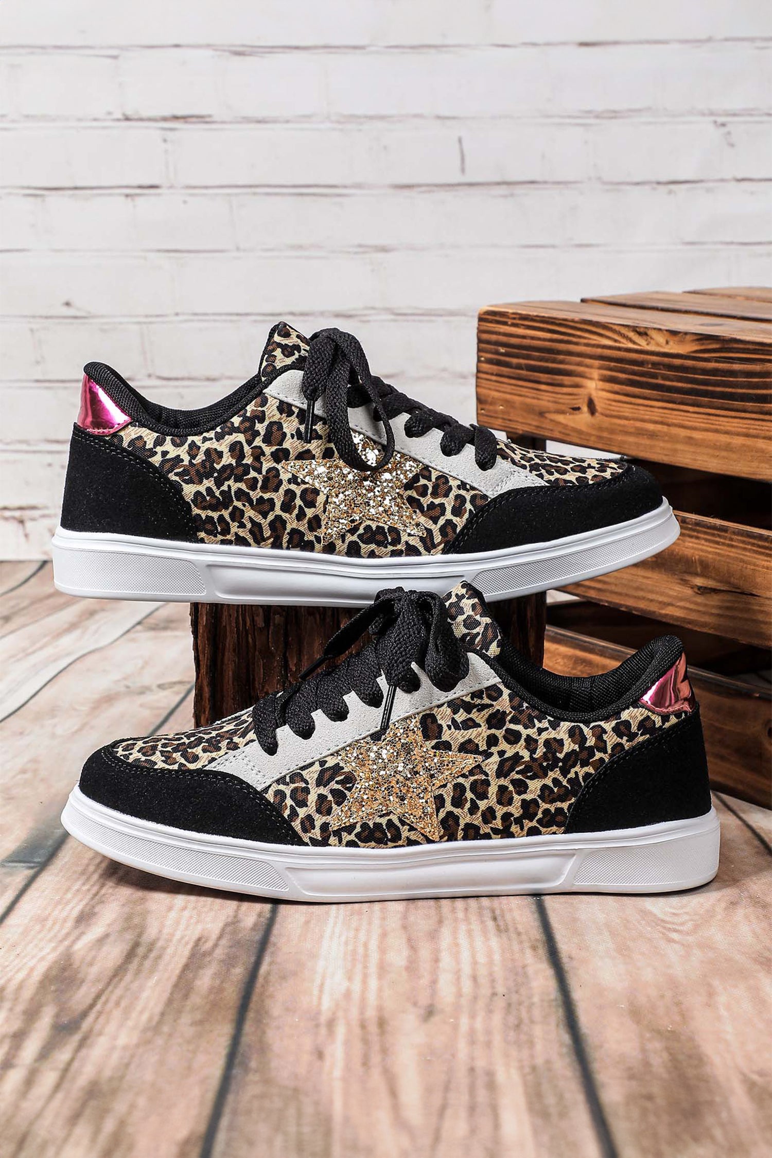 Black Glitter Star Patchwork Lace-up Flat Shoes