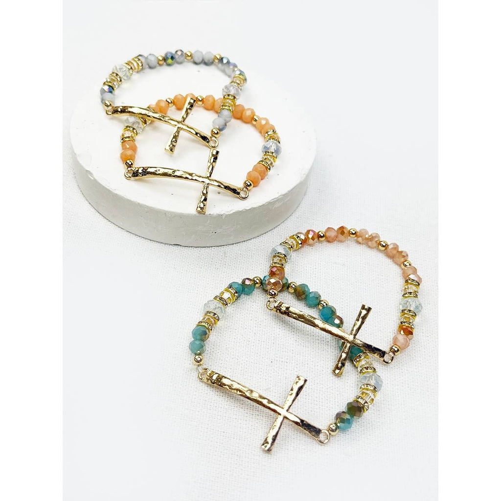 Hammered Cross Bead Stretch Bracelet: MIX COLOR / ONE(12)