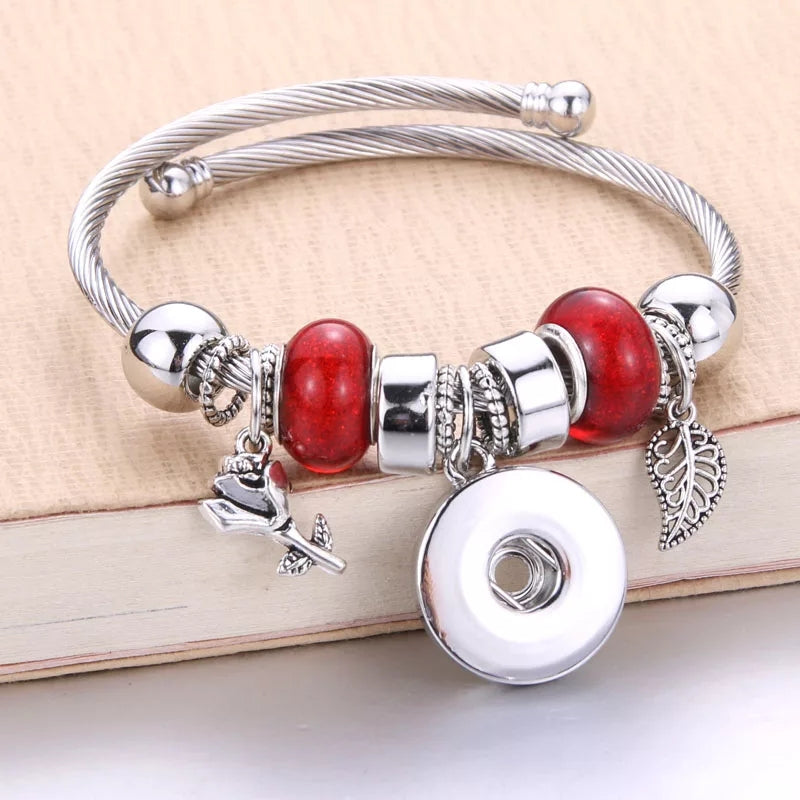 Red Bead Snap Silver Bracelet 18mm