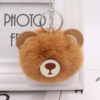 Brown Bear Pom Pom Fur Keychain Purse Charm tassel