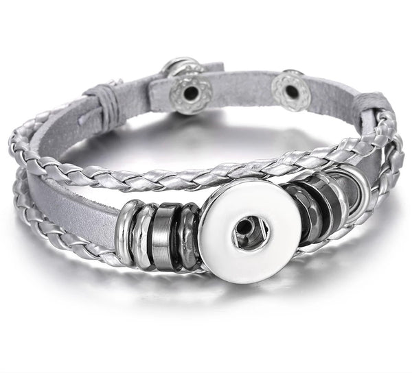 Silver Leather Simple Snap Bracelet 18mm