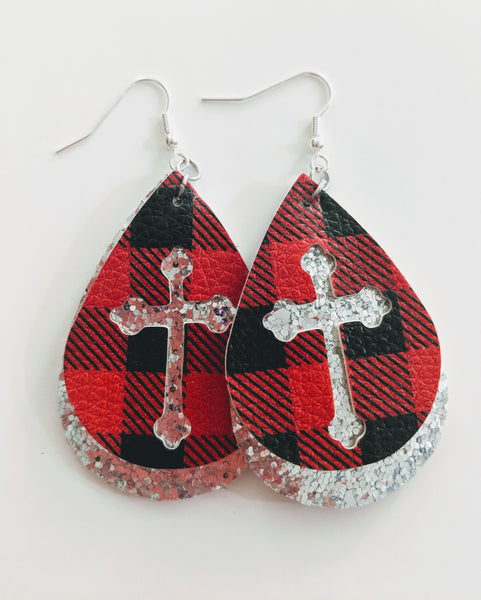 Cross Plaid and Silver Earrings