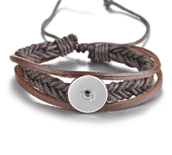 Brown Braided Adjustable Leather Snap Bracelet 18mm