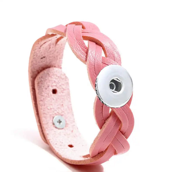 Braided Pink Leather Snap Bracelet 18mm