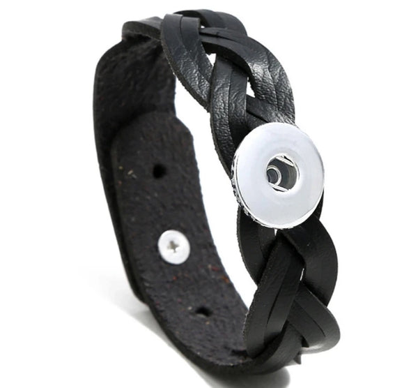 Braided Black Leather Snap Bracelet 18mm