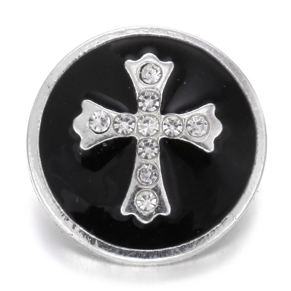 Black Rhinestone Cross Snap Charm 18mm