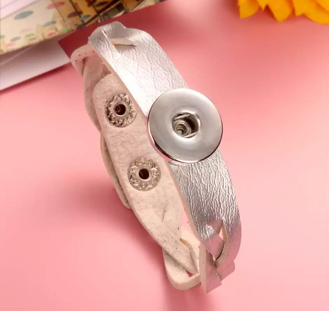 Braided Silver Leather Snap Bracelet 18mm
