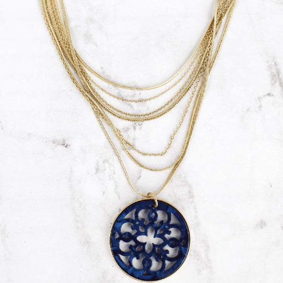 Blue Resin Medallion Layered Gold Necklace