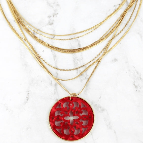 Red Resin Medallion Layered Gold Necklace